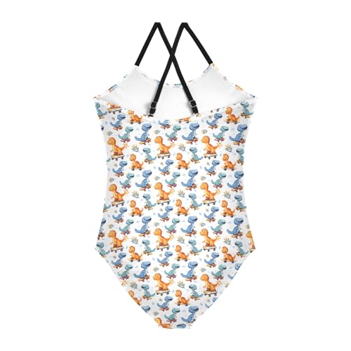 senya Girls Swimsuits One-Piece Swimwear Tie Bathing Suit Beach Summer Round Neck 7-8T Dinosaur Skateboard Pattern2