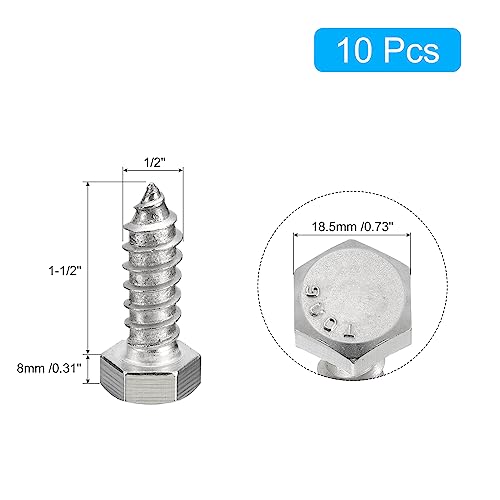 Tornillos Tirafondo para madera hexagonales uxcell 10 piezas 1/2 pulg x 1-1/2 pulg Acero inoxidable 304 rosca parcial miniatura 2