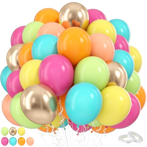 Image of Funhot Tropical Balloons, 60 Pcs Summer Balloon 12 Inch Teal Blue Metallic Gold Orange Pink Hot Fruit Green Balloons Multicolor for Aloha Luau Pool Party Hawaiian Baby Shower Birthday Party Decoration