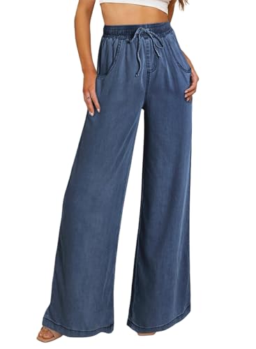 Sidefeel Women's Drawstring Wide Leg Jeans High Waisted Loose Fit Denim Pants