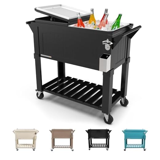 Permasteel 80-Qt Antique Patio Cooler for Outside | Outdoor Beverage Cooler Bar Cart, Rolling Cooler with Wheels and Handles, Wooden Teak Accent, Black