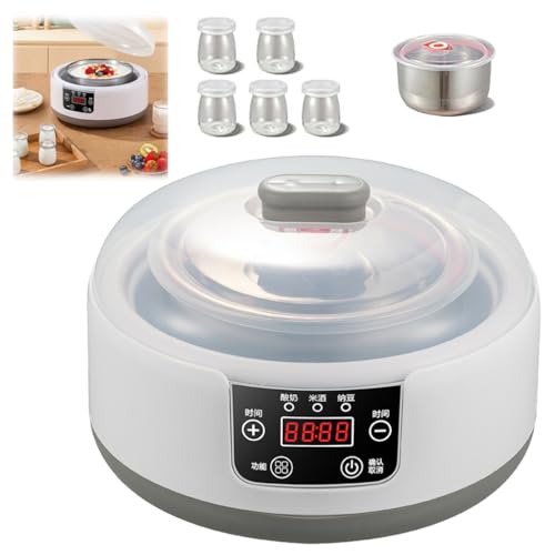 Yogurtera, Pantalla Led Multi-función Probiótico Yogur Motor, Con 5 Frascos De Vidrio Y Recipiente Interior De Acero Inoxidable, El Hogar Pequeña Máquina de Yogur (With 5 Cups)