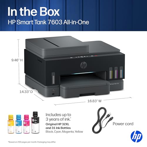 Image of HP Smart Tank 7603 Wireless All-in-One Ink Tank Printer, Scanner, Fax, Copier with up to 3 Years of Ink Included, Best-for-Home Office, Cartridge-Free Refillable, AI-Capable (D34F7A)