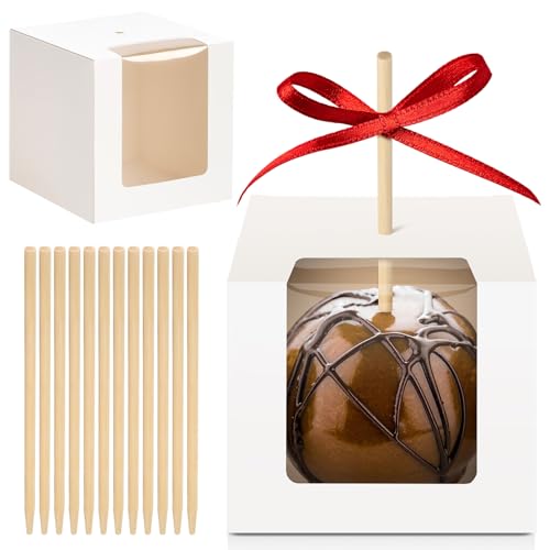 Ocmoiy 30 Pack Candy Apple Boxes with Sticks, 4" x 4" x 4" Kraft Caramel Apple Gift Box with Clear Window for Wedding, Party (White) by Ocmoiy - Used condition - US$10.52