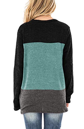 Jescakoo Womens Tops Long Sleeve V Neck T Shirts Color Block Casual Loose Fitting Green L