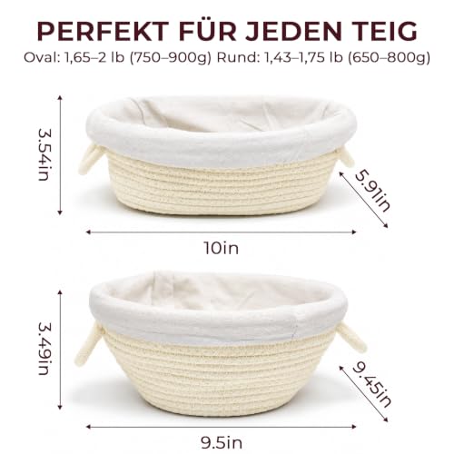 Gärkörbchen Set Rund & Oval aus Baumwollseil mit Leinen & Abdeckhauben,4 Packung – Ansicht 2