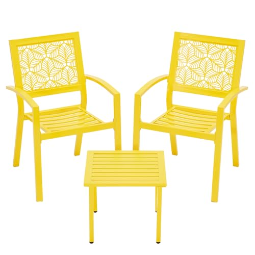 BUPPLEE 3 Piece Patio Bistro Set, Outdoor Steel Furniture Set, Stackable Modern Conversation Sets for Balcony Garden Deck Patio w/2 Chairs 1 Table, Yellow