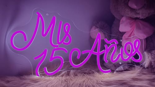 Image of Mis 15 Anos Neon Sign for Wall Decor Custom 15th Birthday Party Led Neon Light, Mis Quince Party Decor,Sweet 15 Quinceanera Party Sign,Gifts - for Her USB Powered Size:19.5inch(Purple)