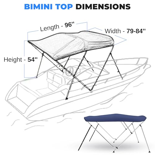 Image of SereneLife 4 Bow Blue Bimini Top Boat Cover, with Canvas Aluminum Frame ,UV Level 4 Protection Waterproof Canopy, with Front Straps & Rear Support Arms, Fits 8'L x 79-84 inchW x 54 inchH Boats Easy Install