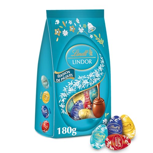 Lindt - Sachet MINI ŒUFS LINDOR - Assortiment de Chocolats au Lait, Noirs, Blancs et Noix de coco - Idéal pour Pâques, 180g
