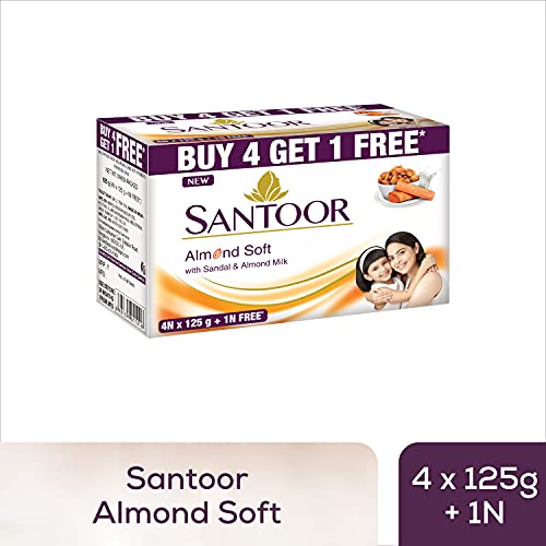 Image of Santoor Baby Soap with Milk Cream, Saffron and Almond Oil, 125g (Pack of 3) & Santoor Sandal and Almond Milk Soap (Buy 4 Get 1 Free 125g each)