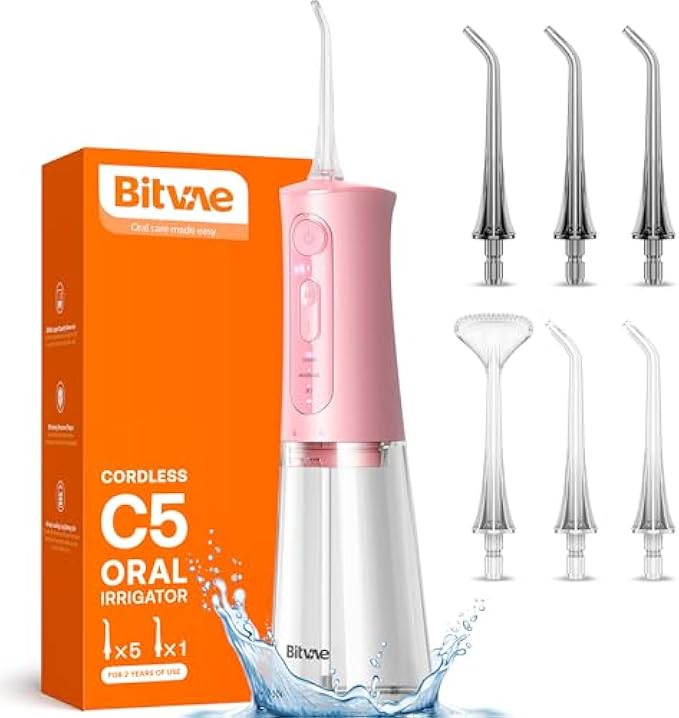 Bitvae C5 Water Flosser Teeth Picks, Cordless Portable Oral Irrigator, Powerful and Rechargeable Water Flosser for Teeth, Brace Care, IPX7 Waterproof Water Dental Picks for Cleaning, Quartz Pink