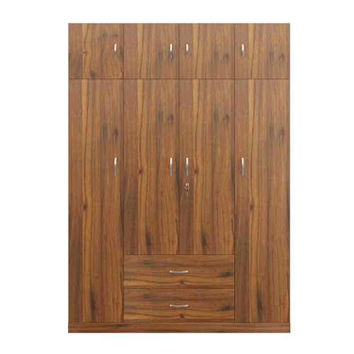 Image of VIKI Wardrobe | Wooden Almirah for Clothes,Door for Bedroom with Loft, 4 Door Wardrobe with Drawer & Hanging Space (Brussel Walnut - 40D x 160W x 220H) | 1 Year Warranty | Free Assembly