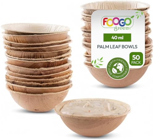 FOOGO Green 50pcs Bols Jetables Mini en Feuille de Palmier, 7cm, 40ml, pour Desserts & Salade, Rond, Écologique Biodégradable Compostable, Comme Bols Bois, Bambou et Papier, Fête