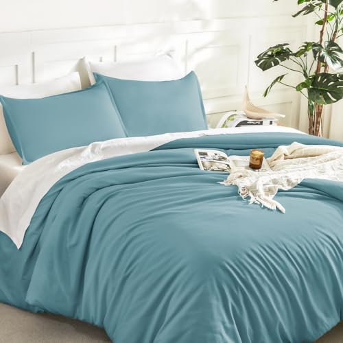 Image of Litanika Oversized King Comforters Grayish Teal Super King Plus Size, 3 Pieces Lightweight Solid Bedding Comforter Set, All Season Fluffy Bed Set (128x120In Comforter & 2 Pillowcases)