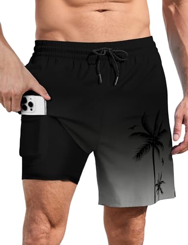 Lzzidou Men Swim Trunks with Compresssion Liner 7 Inch Inseam Board Shorts Bathing Suit with Zipper Pockets