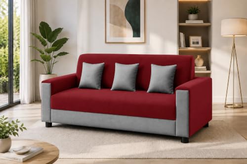 Image of 3 Seater Wooden Sofa | Velvet Fabric Couch with Cushions | Comfortable Living Room Sofa | Sturdy Wooden Frame | Home & Office Furniture | Red & Grey