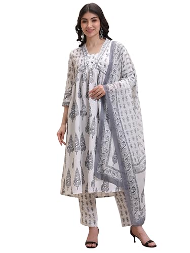 Image of Leriya Fashion Women's Rayon Printed Anarkali Kurta and Pant with Dupatta Set | 3-Piece Printed Anarkali Kurti Set | Ethnic Festive & Office Wear Suit for Women | Elegant Suit Set for Woman
