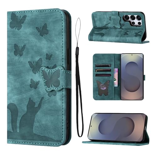 LSPCASA Flip Case for Samsung Galaxy S25 Ultra 6.86 Inch Stand Function Galaxy S25 Ultra Case with Card Slots Samsung Galaxy S25 Ultra Case Cats Butterfly Pattern Leather Case Green