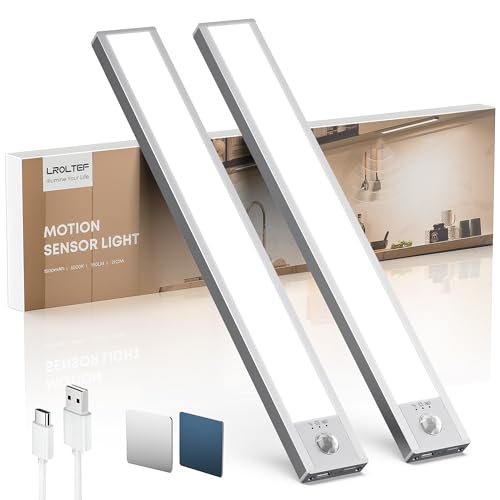 LROLTEF Luce LED Sottopensile Cucina - 21CM Sensore di Movimento per Luci - 1500mAh 32 LED Luce Armadio Lampada Dimmerabile per Cucina Scale Soggiorno Bagno Camere da Letto | 2 Pezzi Argento