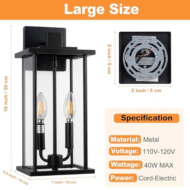 LuxiGlowra Large Outdoor Wall Light 16 Modern Black Wall Sconce Light Fixture