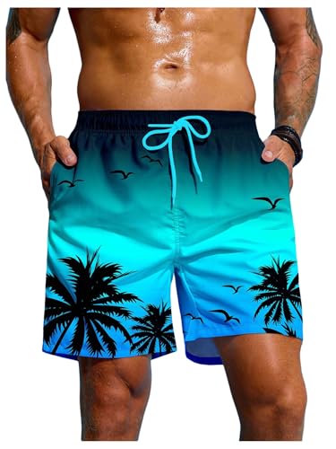 Verdusa Men's Tropical Print Ombre Swim Trunks Drawstring Beach Board Shorts with Pocket