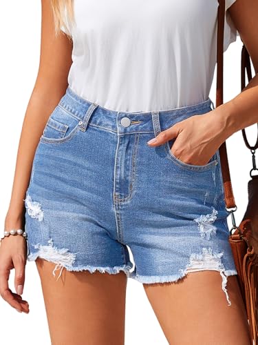Bosmeer Blue Jean Shorts Casual Stretchy High Waisted Summer Denim Short Distressed Ripped Frayed Hem Mini Shorts Country Concert Outfits 2026 Fashion Trendy