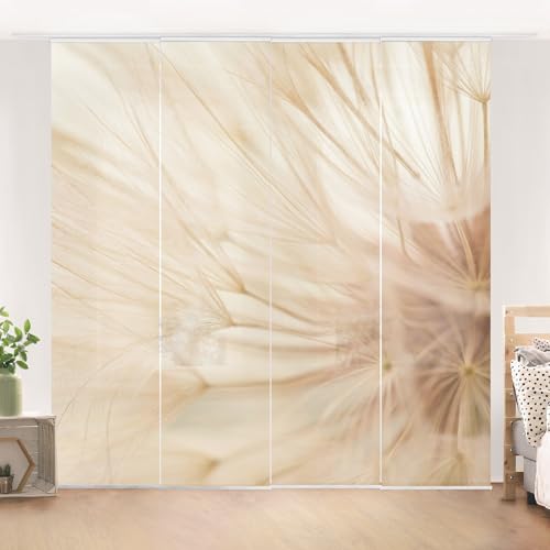 micasia Schiebegardine halbtransparent 60er Paneel Klett Blumen Textil lichtdurchlässig - Pusteblume Landhaus Flächenvorhang beige Wohnzimmer Schlafzimmer 2536 (240x250 cm - 4er Set)