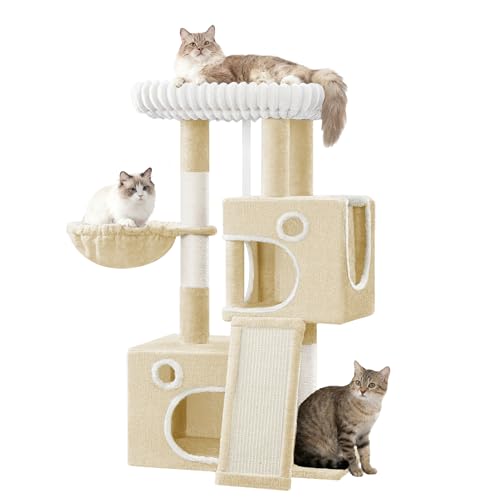 Hzuaneri Arbre a Chat, Petit Arbre à Chat de 98 cm, Spacieux et Stable, avec Grande Plateforme Souple, Pompons, Panier, Griffoir et Planche à Gratter, Beige...
