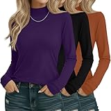 Sweetyweee 3 Pack Cotton Women's Mock Turtleneck Shirts Long Sleeve Mock Neck Tops Casual Pullover Basic Tees Undershirt(Purple, Black, Pumpkin,Large)