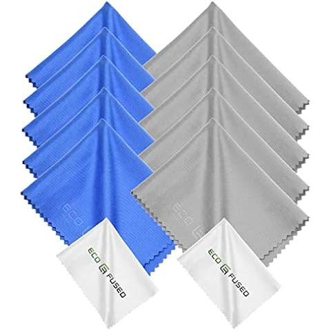 Eco-Fused Microfiber Cleaning Cloth - 6 x 7 Blue/Grey Microfiber Cloth with White Cleaning Cloth - 12 Pack Microfiber Cleaning Cloth for Glasses & Camera Lens Cover