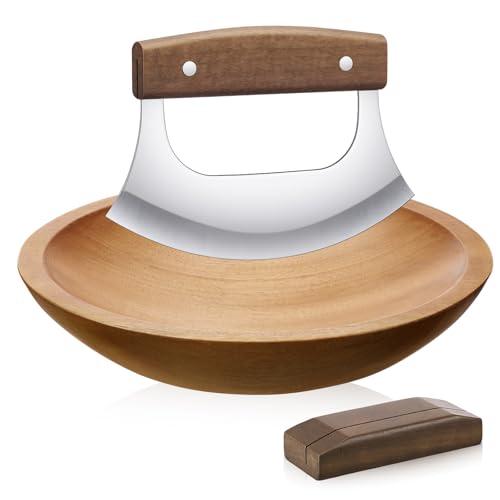 Juego de ensaladera y cuchillo mezzaluna de madera de nogal redonda 9 in miniatura 1