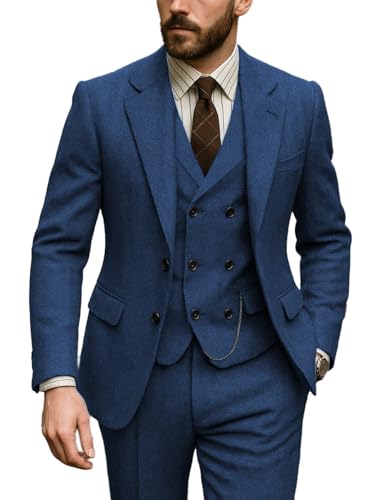 Vintage Men's Suits Regular Fit 3 Piece Tweed Herringbone Double Breasted Tuxedos Blazer+Vest+Pants Wedding2