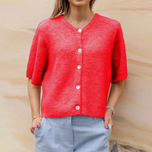 Image of Women Knitted Crop Cardigan Shirt Short Sleeve Button Down Ribbed Knit Crop Top Y2k Girls Outwear Top Tee Shirt