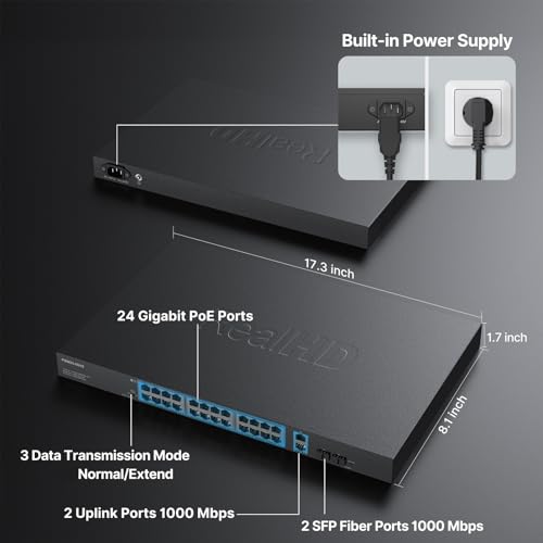 Image of 24 Port Full Gigabit PoE Switch with 2 Uplink Gigabit Port & 2 SFP Port, 24 Port PoE+ Network Switch, Total Budget 400W, 48V Standard POE, 802.3af /at Compliant, Unmanaged Plug and Play, Rack Mount