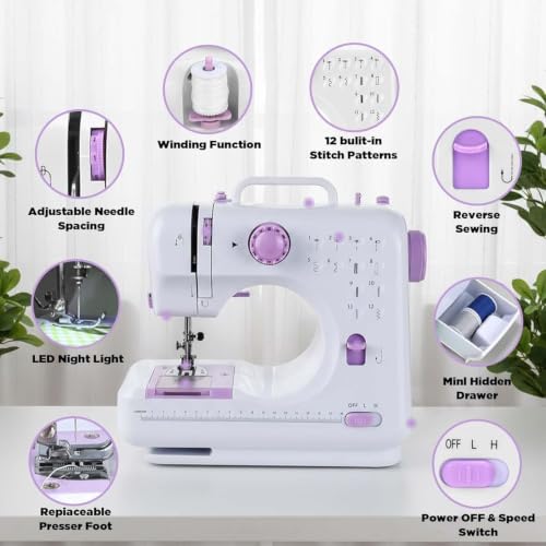 Image of This lightweight Sewing machine is designed for convenience and versatility. Sewing Machine for Beginners,Portable 12 Built-in Stitches,(High-Low Speeds),505UJH.DC Power Supply Method.