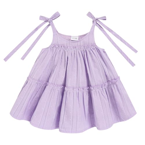 Toddler Baby Girl Summer Dress - Sleeveless Dot Tiered Sundress with Adjustable Tie-Shoulders for Beach Party Photos Light Purple