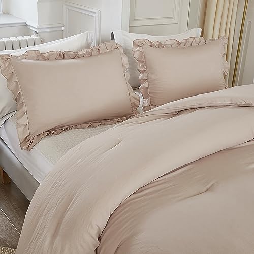 Image of Litanika Full Comforter Set Beige, 3 Pieces Khaki Ruffle Farmhouse Aesthetic Bedding Comforter Set, Lightweight Fluffy Microfiber Bed Set (79x90In Comforter, 2 Pillowcases)