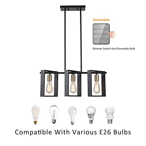 9Mmml 3 Lights Kitchen Island Lighting, Modern Rectangle Linear Pendant Light, Black Frame+ Gold Socket Chandelier For Dining &Living Room Foyer Entryway Hallway,E26,Height Adjustable. #TOP3