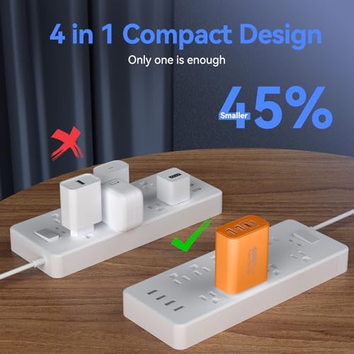 Image of USB C Wall Fast Charger Block, 40W 4-Port Type C Charger Fast Charging Blocks +QC 3.0 USB C Multiport Charger Brick for Phone 17 /16 /15 /14 /13 /12 Pro Max, Pad, Cosmic Orange