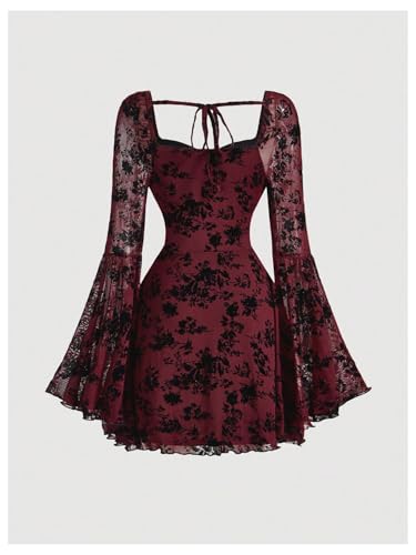 Image of WDIRARA Women's Floral Jacquard Mesh Gothic Dress Bell Long Sleeve A Line Vintage Dresses