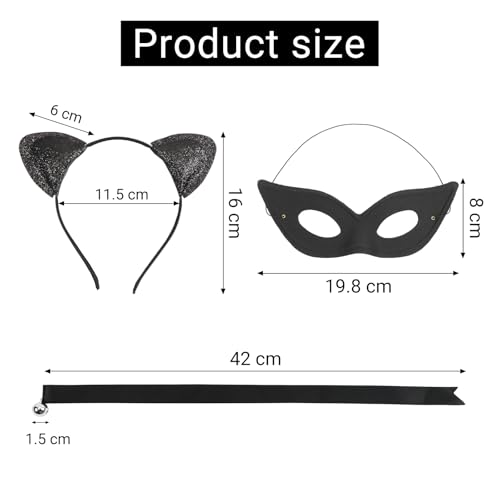 Sprinlot Katzenkostüm Damen, Katzenohren Haarreif Schwanz Halskette Masken, Katze Kostüm Accessoires Erwachsener Halloween Karneval Cosplay Party