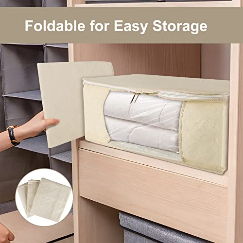 Clothing Storage Bags, Foldable Blanket Storage Bag Has Clear Window & Carry Handles, Great for Sweaters, Closets, Bedrooms and More, Long Service Life and Large Capacity (3-Pack Beige)