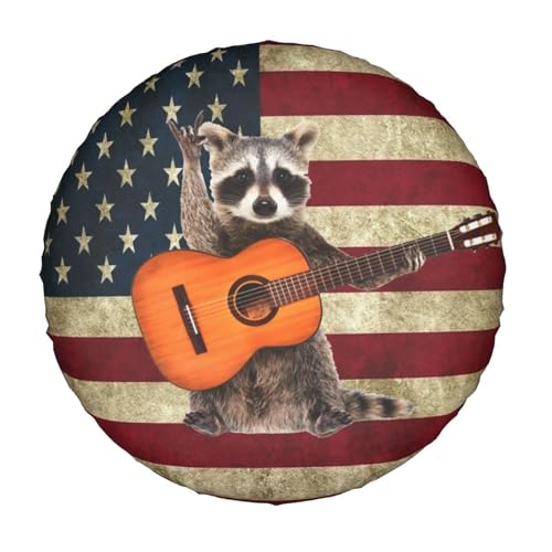 Image of Music Raccoon Spare Tire Cover for Rv Trailer Camper Truck SUV - Cute Raccoon Animal Wheel Protectors Cover Waterproof Fabric for Travel Camping Outdoor,Universal Fit,17 inch