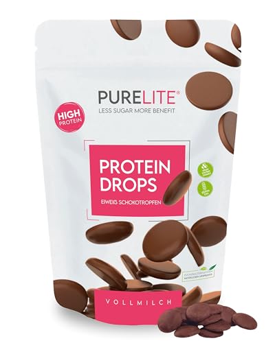 PURELITE Protein Drops au lait, végétarien, haute teneur en protéines 26g/100g, gouttes de chocolat sans sucre ajouté, érythritol, stévia, faible en calories, snack, cuisson, fonte, couverture, 450g
