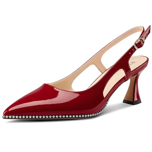 Image of TNYNFBEB Womens Kitten Heel Pointed Toe Pumps Sliver Beaded Slingback Slip-on Buckle Prom Dress Basic Classic Patent Leather Summer 2.6 Inches Heels