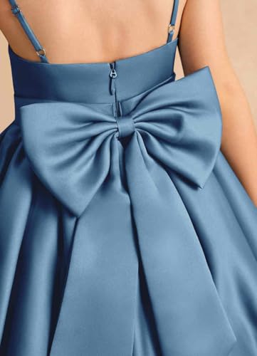 A-Line Spaghetti Strap Satin Flower Girl Dress Backless Junior Bridesmaid Dress Square Neck Knee Length with Bows4