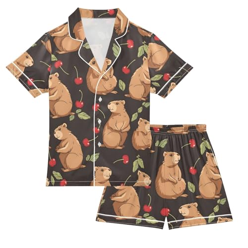 ALAZA Capybaras Cherry Fruit Pajamas Satin Pajama Set Short Sleeve Button Down Sleepwear