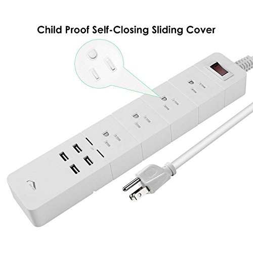 Child Proof Power Strip Surge Protector, JolyJoy Electric Multi Plug with 4 Outlets & 4 USB Ports, 14AWG Heavy Duty Long Extension Cord 6FT, 15Amp, 125V, 1875Watt, 2100Joules, ETL Listed (White)