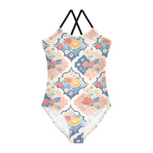 KLL Seamless Asian Traditional Patterns Girls' 1-Piece Swimsuit Beach Swimming Suits with Adjustable Straps Quick Dry